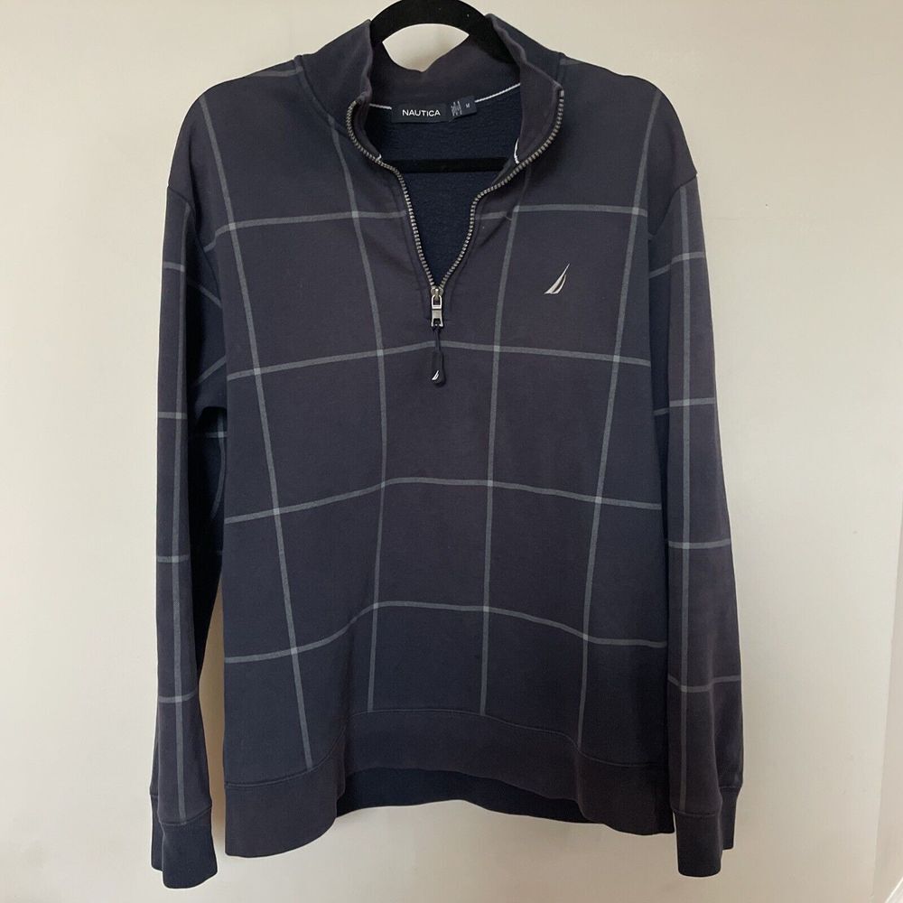Nautica Sweater Mens Large Blue Check Long Sleeve Quarter Zip‎ Casual Sailing M